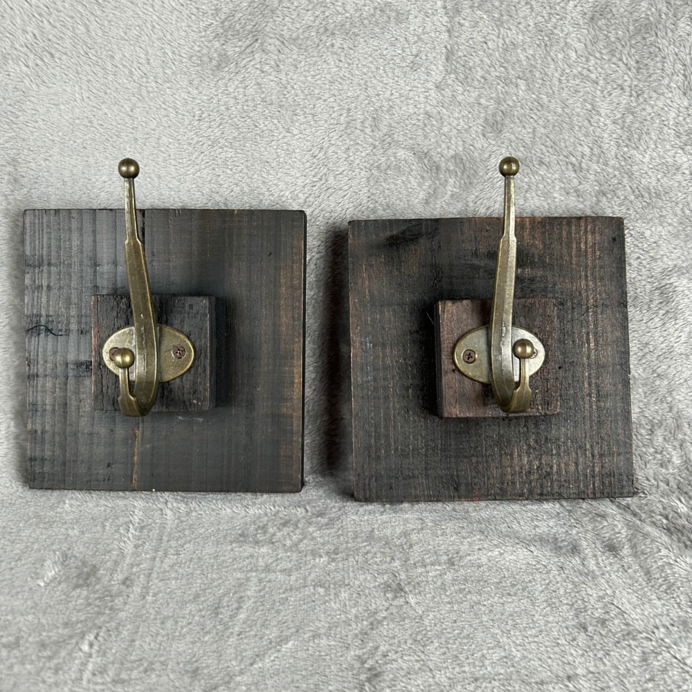 Set of 2 Rustic Wood Wall Hooks Dark Stained Square Plaques Antique Brass Finish